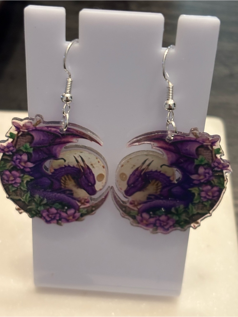 Title: Purple Dragon Moon Acrylic Dangle Earrings | Deep Purple Magenta Dragon W